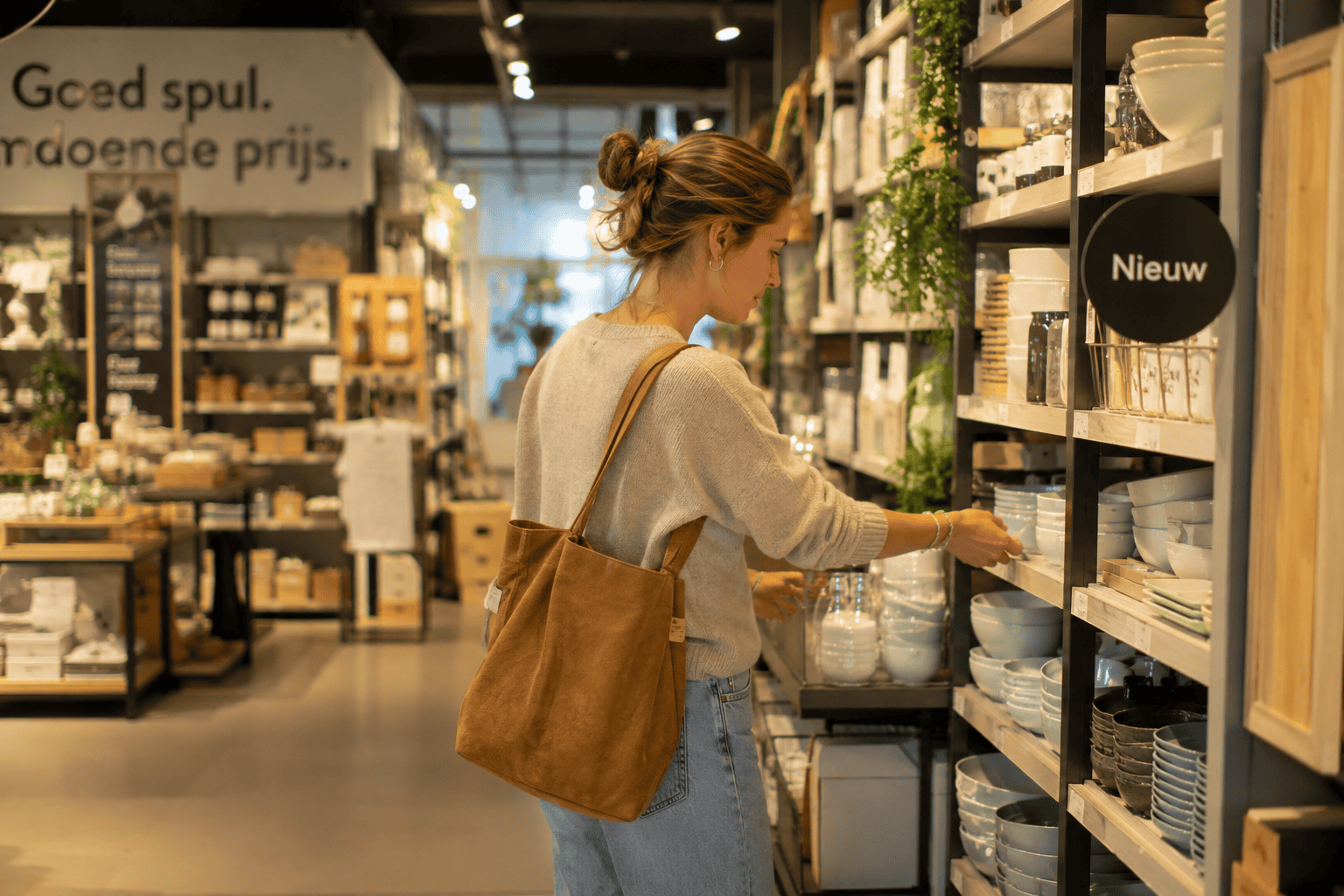 Klant bekijkt servies in een sfeervolle woonwinkel